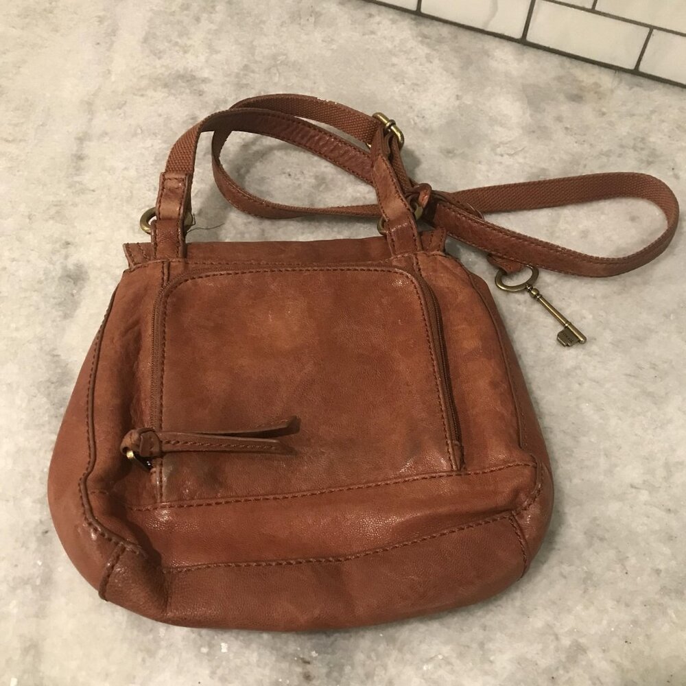 Fossil Crossbody Bag‎ Womens Brown Leather Turnlock Key Charm Pocket Organizer - Picture 4 of 11